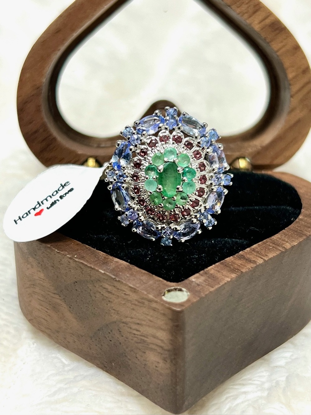 Genuine Tanzanite and emerald ring